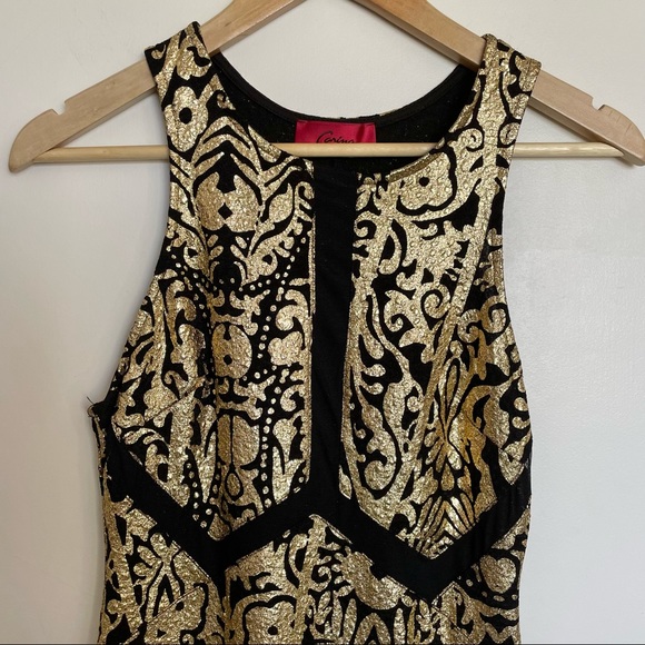 Carina Black and Gold Filigree Baroque High Neck Bodycon Cocktail Dress - Picture 8 of 15